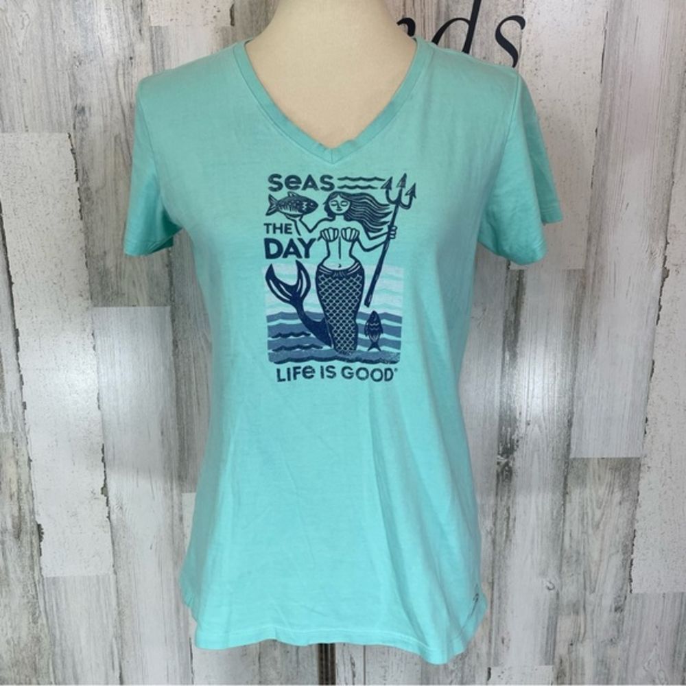 Life is Good Women’s Blue Mermaid Graphic Shirt Sleeve Tee Shirt Top Size Small